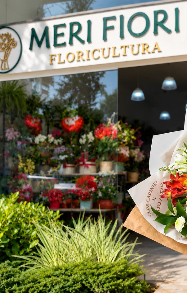 Entrada da Meri Fiori Floricultura com um buquê em primeiro plano